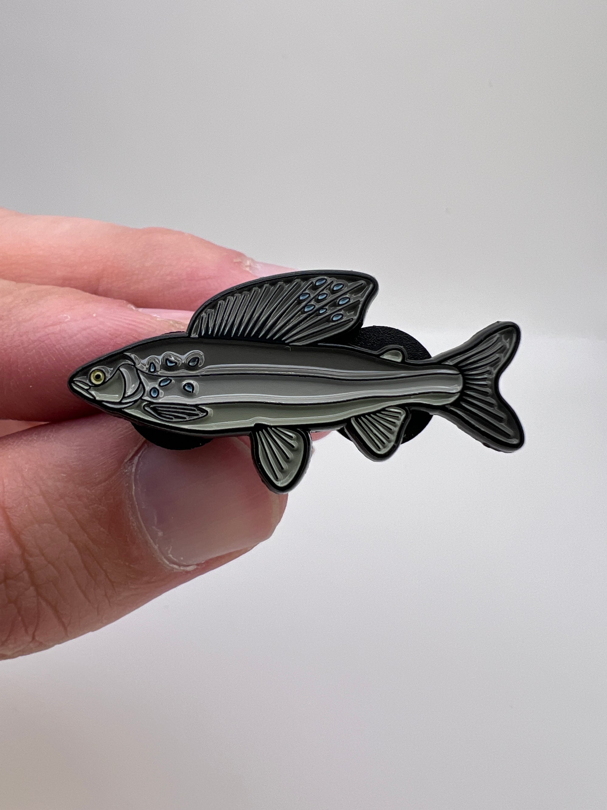 Fish-shaped pin held between fingers against a plain background