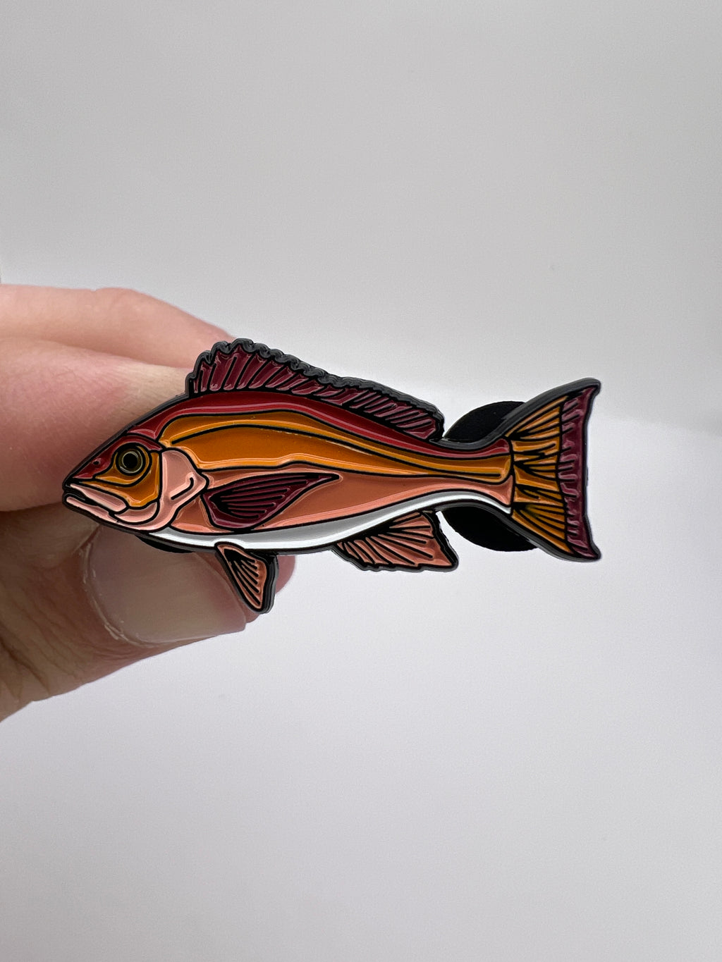 Colorful fish-shaped object held in a hand against a white background