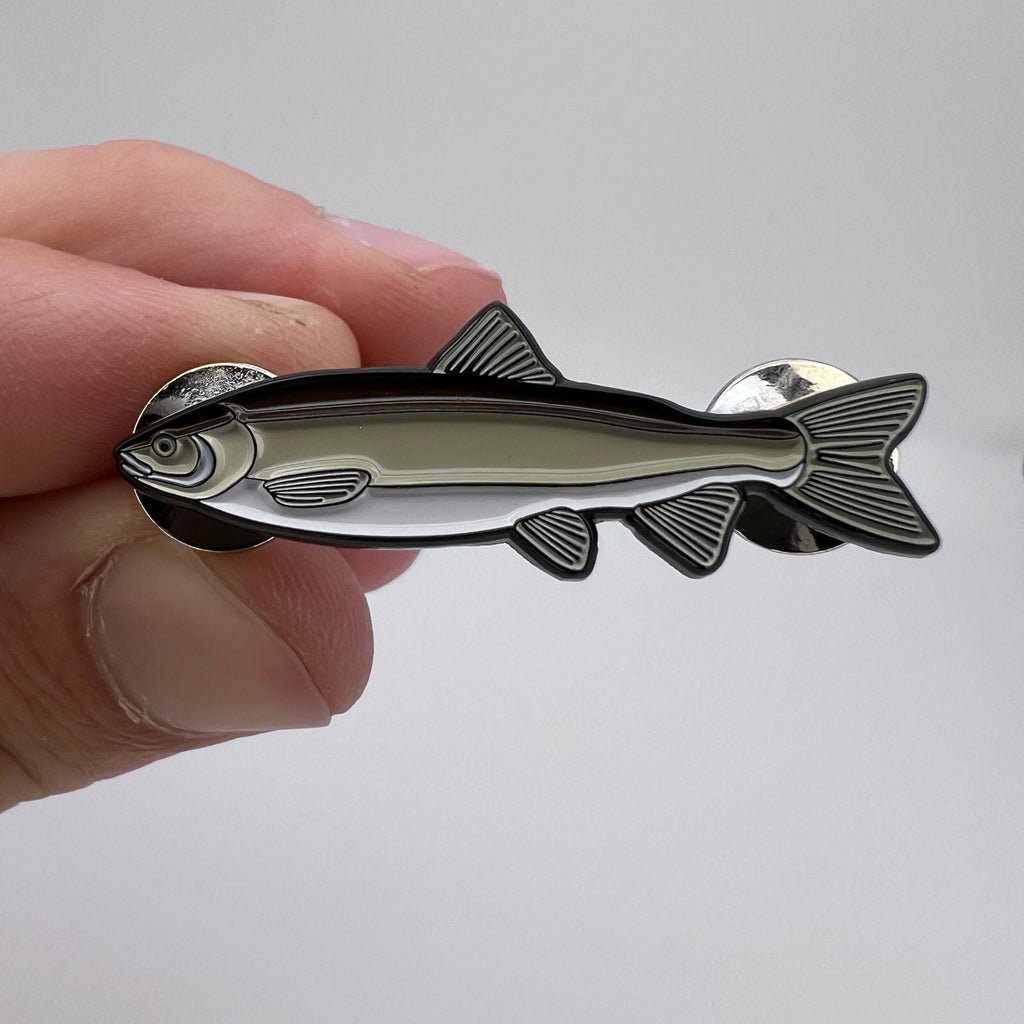 Fish-shaped metal badge held in a hand against a white background